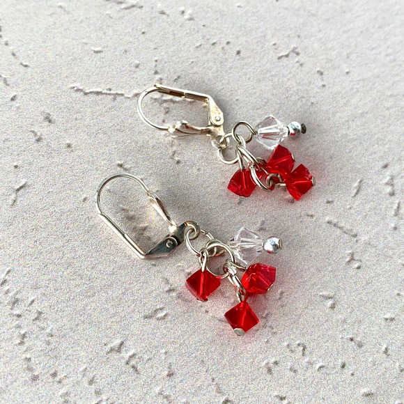 Siam Red Dice Crystal Cluster Staircase with Silver Plated Leaverback Earwires - Picture 5 of 6